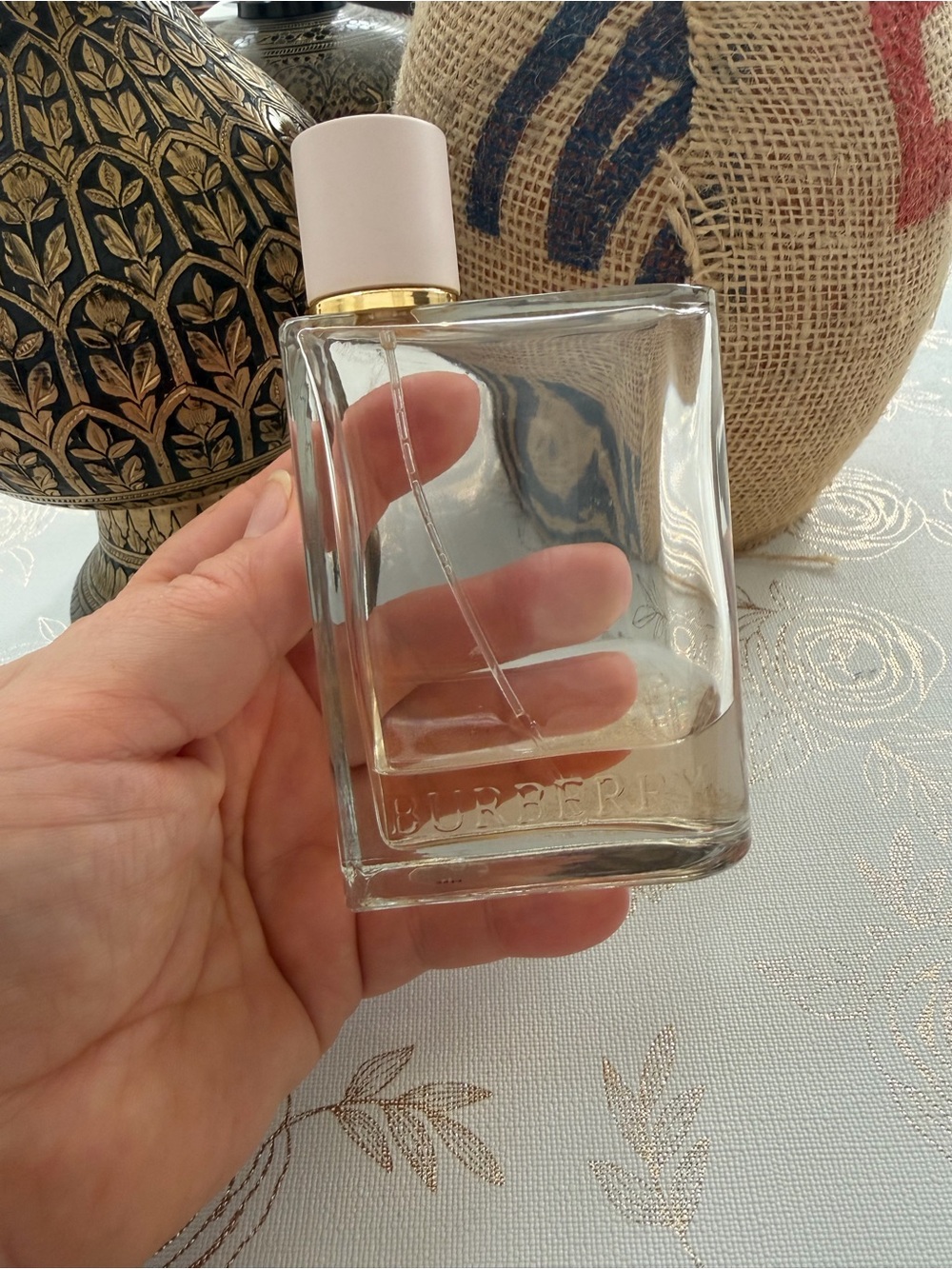 Burberry Clear Glass Perfume Bottle with White & Gold Accents (used)